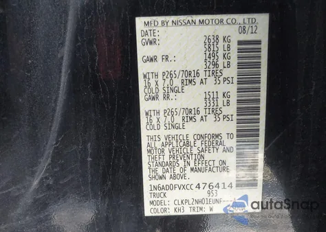 2012 Nissan Frontier Sv from USA, damaged, VIN 1N6AD0FVXCC476414